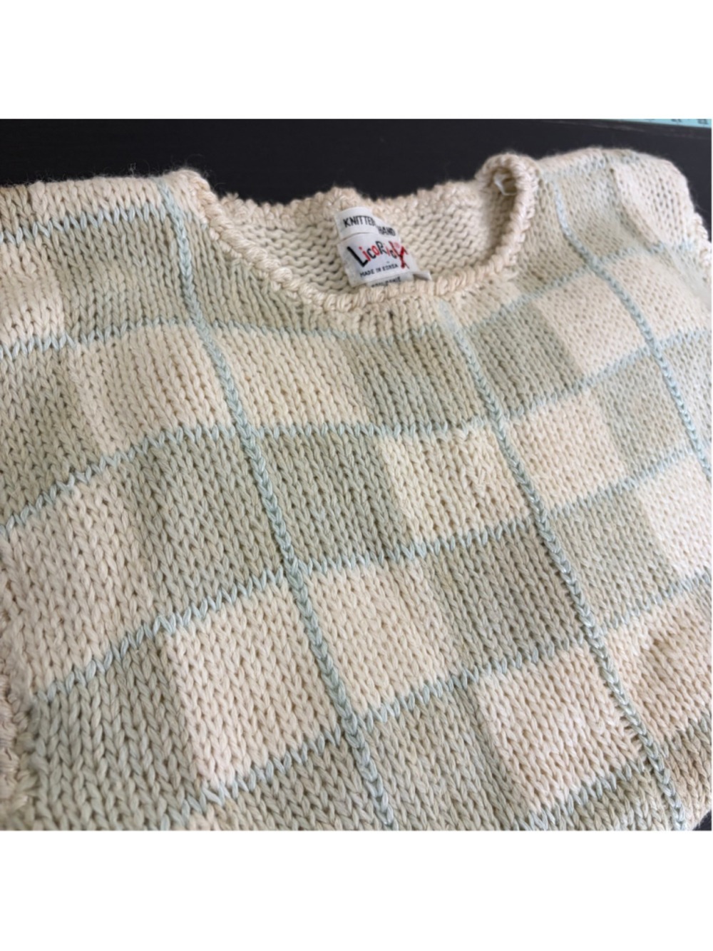 Vintage Licorice Hand-Knit Checkered Sweater Vest Large Ramie Blend Pastel Sage - Picture 5 of 9